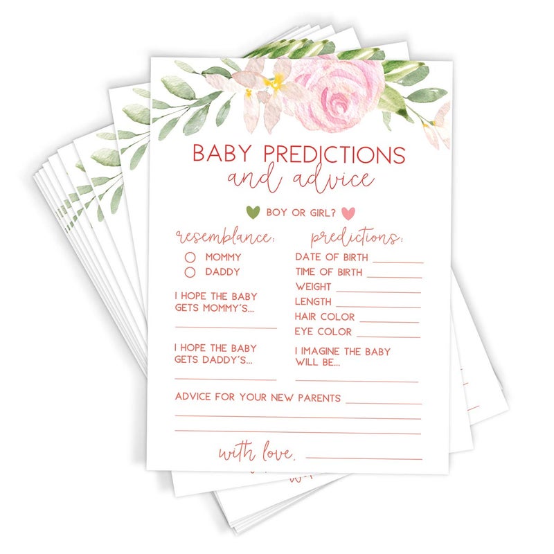 Printed Party Baby Predictions & Advice Cards for New Parents â€“ Baby Shower Game, Wishes for Mommy & Daddy, Floral Design for Baby Girl, 50 Cards - Image 1